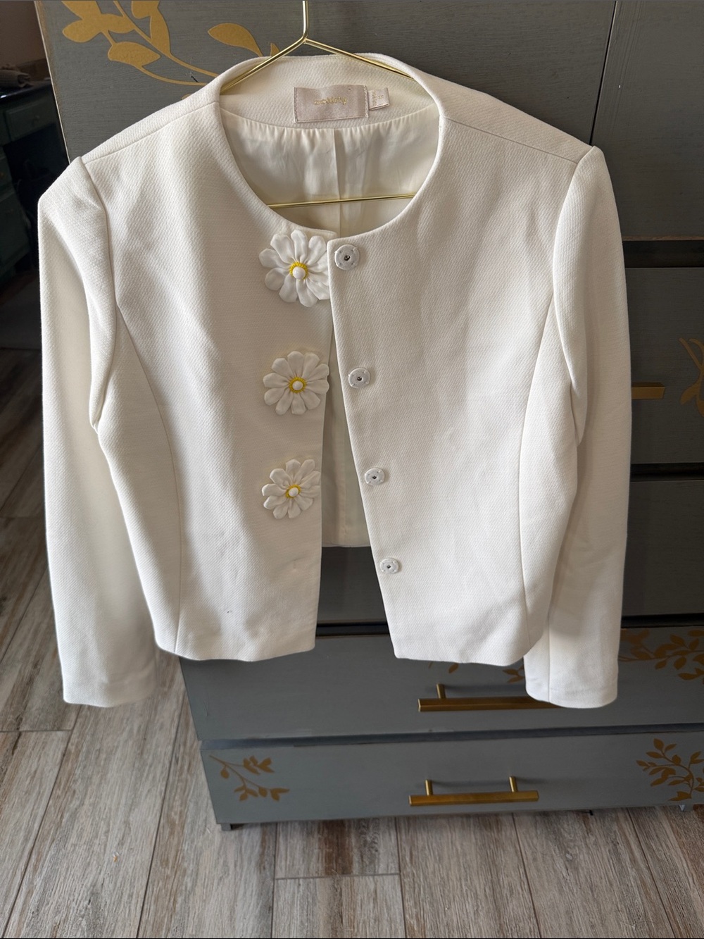 Women's Cream Floral Button Collarless Blazer Jacket